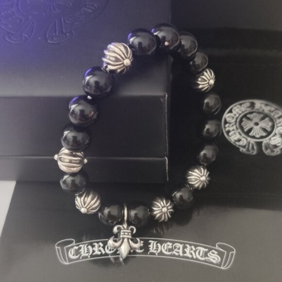 Chrome hearts cross flower silver beads natural tiger eye stone bracelet